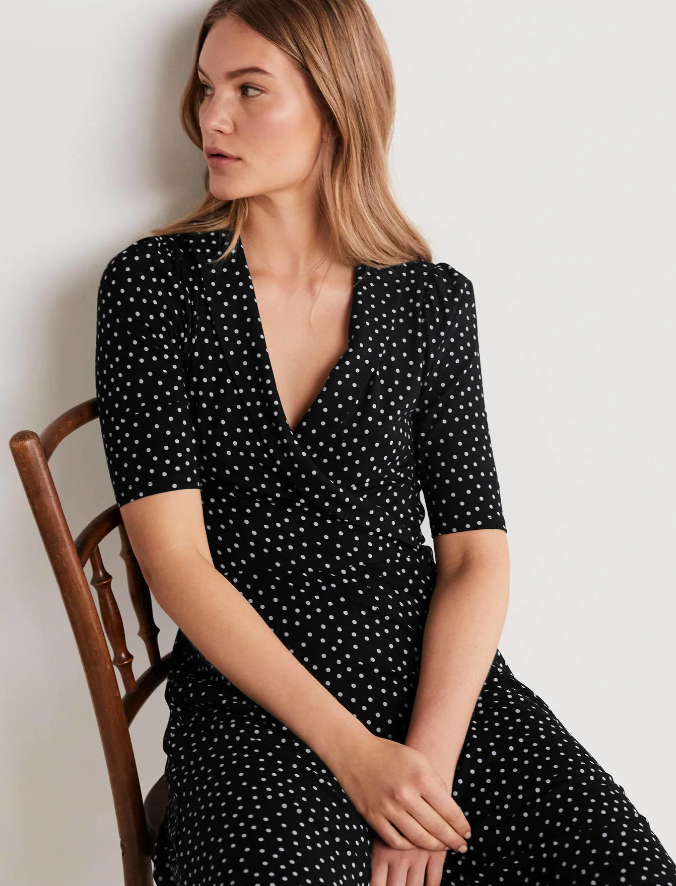 boden fixed wrap jersey dress BODEN Ruffle Fixed Wrap Jersey Bluebell Geo Printed Stretch Knit Belted Dress