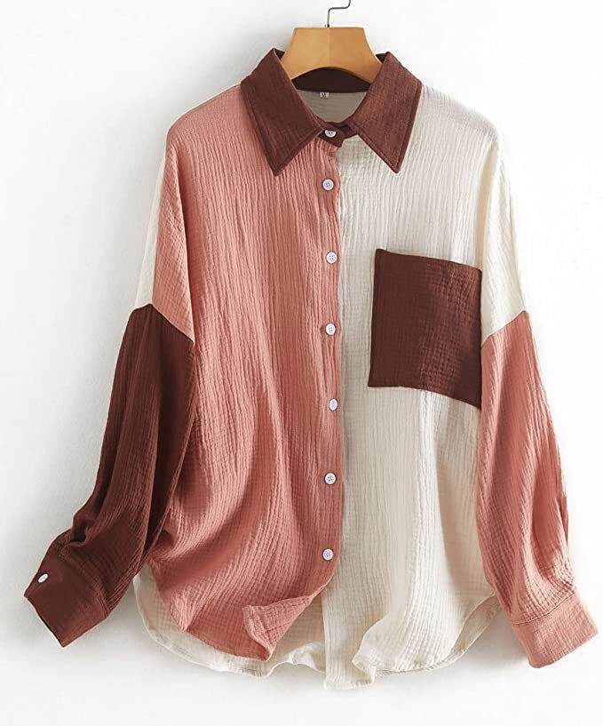 Color Block Button Down Shirt - Pink/Orange