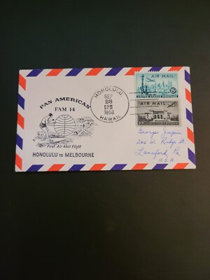 Pan Am Airlines First Day Cover FAM 14 Honolulu to Melbourne 9/28/1958