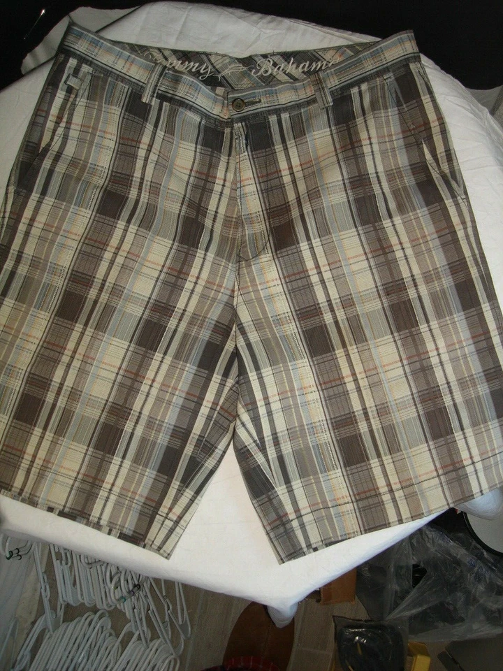 Pantalones Cortos Chinos Informales Tommy Bahama Beige a Cuadros Mezcla Algodón/Seda Talla 34 9" entrepierna Foto 3 de 4