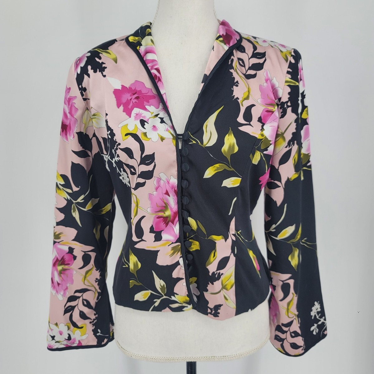 JS Collection Silk Floral Button Front Blazer Jacket Black Pink Women's  Petite