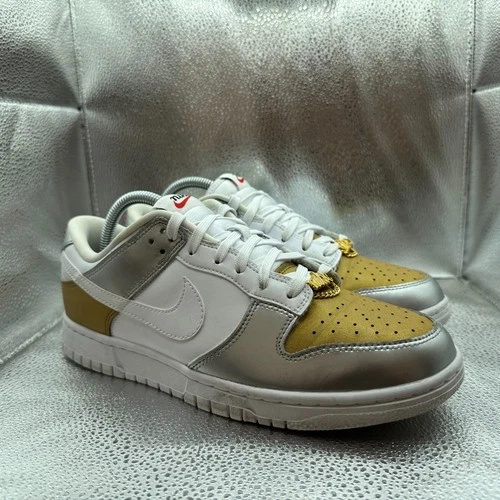 Size 9.5 Nike Dunk Low Womens Gold White Silver Athletic Sneakers DH4403-700