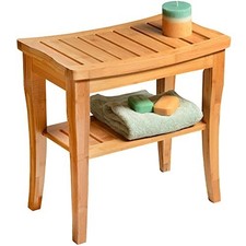 Shower Bench Stool with Storage Shelf - Bamboo Seat for Bathroom