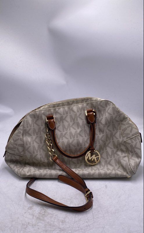 Michael Kors Womens Jet Set Vanilla Acorn Brown Signature Leather Satchel Bag