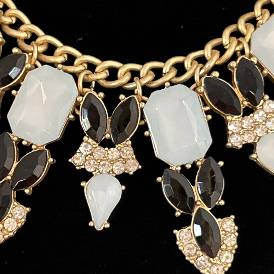 TALBOTS NECKLACE, Matt Satin Gold, Light Blue Gem Stone, Black Glass, Rhinestone - Image 2 of 3