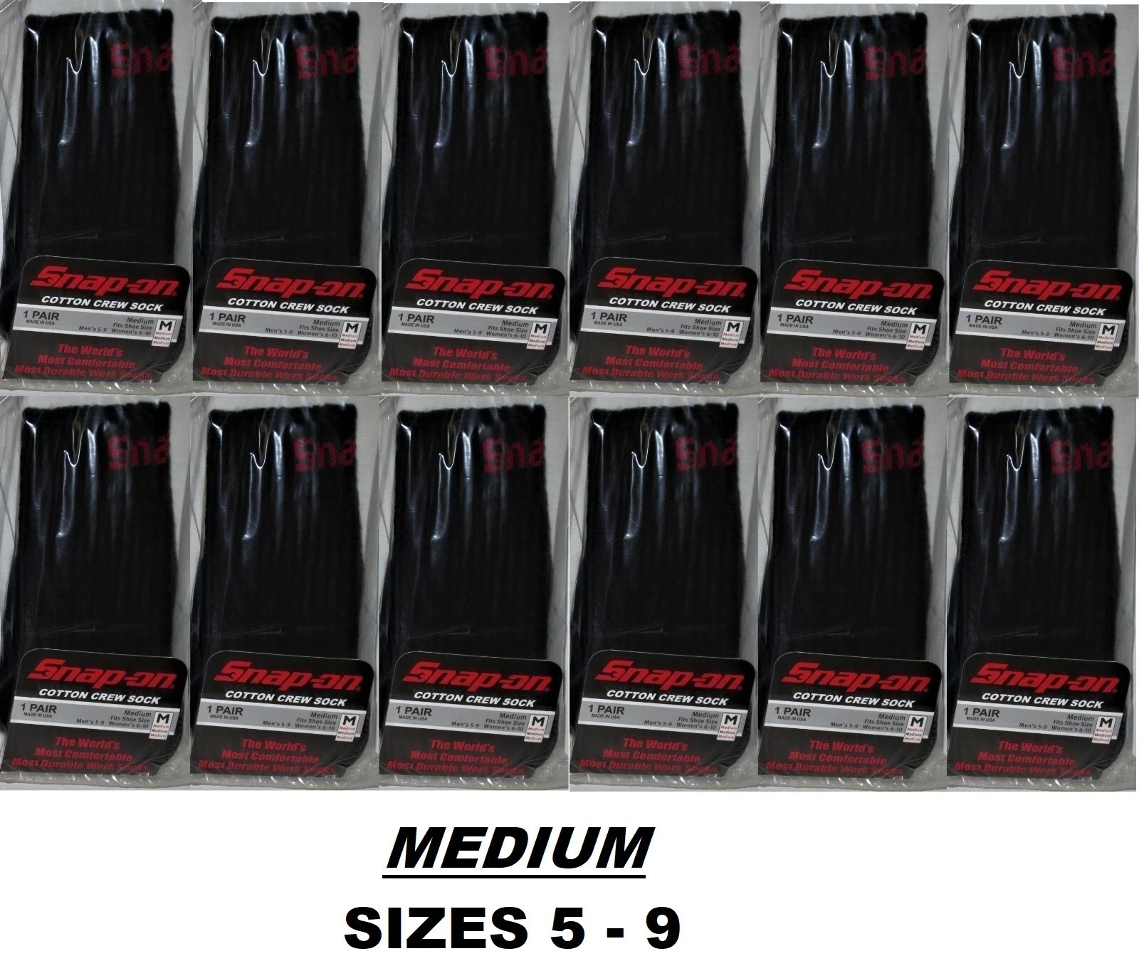 12 PAIRS Men's BLACK Snap-On Crew Socks MEDIUM ~ FREE SHIPPING ~ MADE IN USA NEW