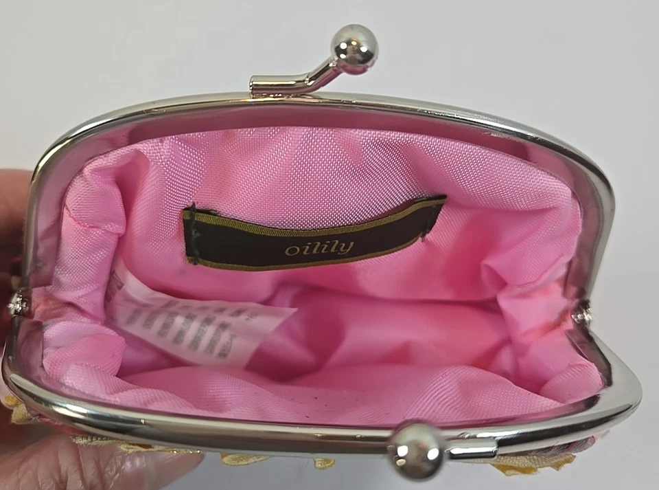 Bolso sin asas Oilily Kiss Lock monedero maquillaje rosa bordado frontal metal a presión Foto 3 de 4