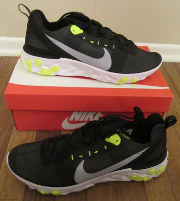 Nike React Element 55 Size 12 Black Wolf Grey Volt White BQ6166 001 Brand New