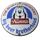 Vintage Hamms Beer Sign - The Bear for President Gas Pump Porcelain Sign