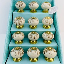 Casa Decor 12 Pack Ceramic Cabinet Knobs Handcrafted Cream Gold Flower Pulls Set