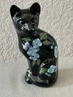 Vintage Fenton Black Glass Sitting 5” Cat Figurine Hand Painted Flowers Signed