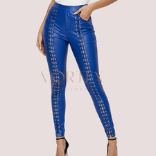 Women  s Premium Sheepskin Leather Pants Blue Lace-Up High Waisted Skinny Trouser
