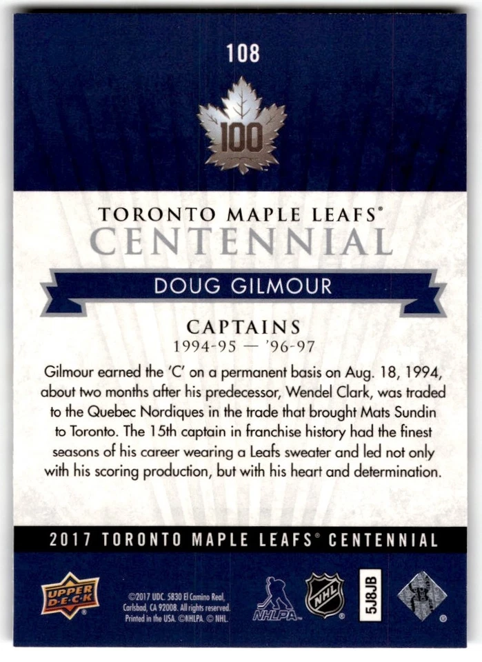 Doug Gilmour 2017-18 Upper Deck Toronto Maple Leafs Centennial SP #108 - Image 2 of 2
