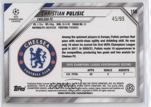 2021 Chrome UCL Sapphire Edition Yellow Refractor 45/99 Christian Pulisic 0z8w - Picture 2 of 3