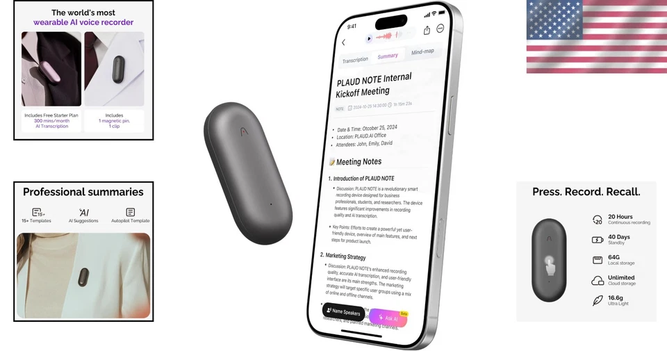 AI-Powered Voice Recorder with 64GB Storage - NotePin for Seamless Note-Taking - Image 2 of 4