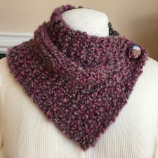 Hand Knit Charcoal Gray  Orchid Textured Neck Warmer Scarf Wrap with Button