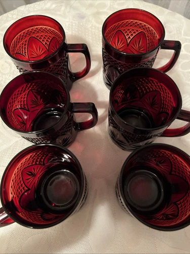 Red Ruby Mugs Cups 3 7/8" Set-6 Cristal D'Arques-Durand Vintage France 6oz Xmas