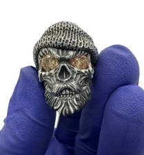 925 Sterling Silver Head Scarf Bearded Skull With Champagne, CZ Eyes Size-8