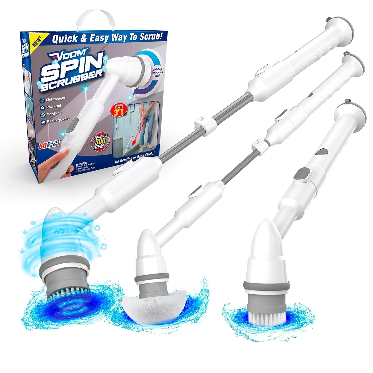 Voom Electric Spin Scrubber, Cordless Shower Spinning Brush with 2 Replaceable