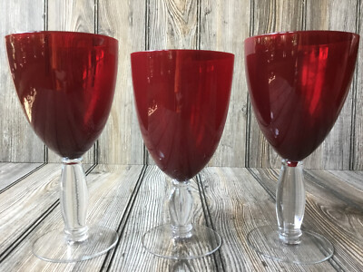 Set of 3 Ruby Red Wine Goblets/Glasses with Clear Stem 7.5'' and 8''