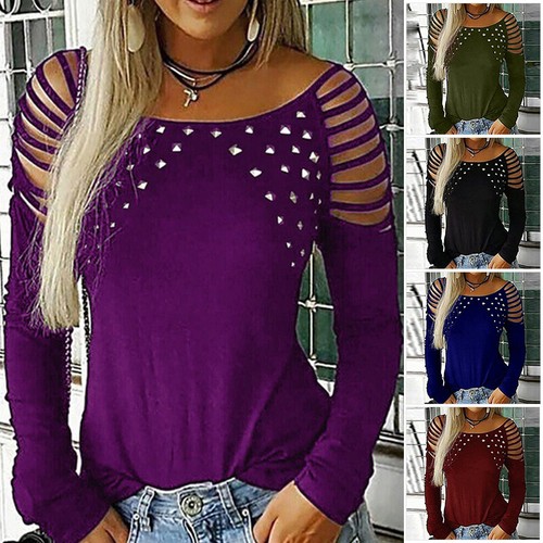 Para mujeres Sexy Blusa Top de hombro frío Damas de manga larga camiseta talla grande 6-20 eBay