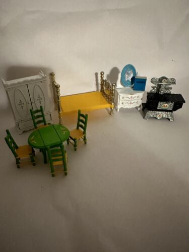 Mattel Littles Metal Dollhouse Furniture Bed Table Chairs Stove Dresser Armoire