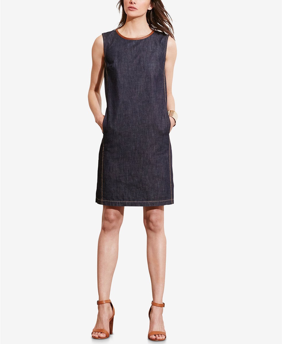 NWT Ralph Lauren Women Dianva Denim Leather Trim Casual Dress 6P MSRP $139