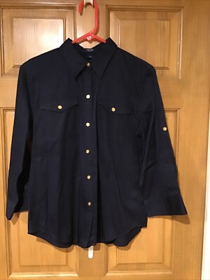 Chaps Women s Navy Blue Gold Button 3/4 Tab Sleeve Blouse, LARGE