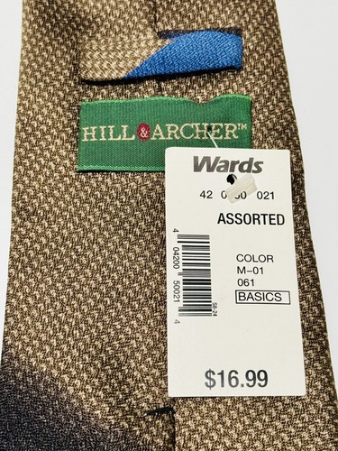 HILL & ARCHER Hand Made 100% Silk Tie (Necktie), 58"L x 4"W, Brown w/ Blue & Tan - Picture 6 of 9
