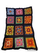 Grannysquare Colorful And Navy Afghan VTG 12 sq. blanket throw 58 x45