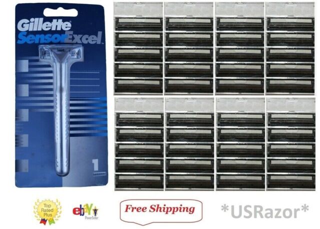 Gillette Sensor Excel Razor Metal Shaver Handle Blades USA 40 Refill Cartridges