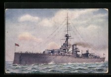 Postal de artista buque de guerra HMS CONQUEROR ara a través del agua