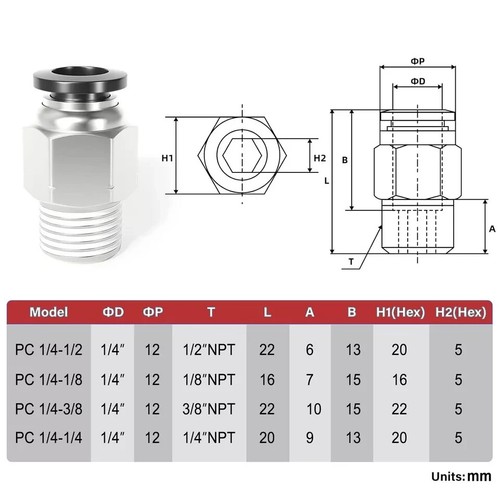 LokoCar 1/4"Tube x 3/8"NPT Male Connector Push to Connect pneumatic fitting 5Pcs - Picture 3 of 14