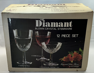Vintage J.G.Durand France Diamant Blown Crystal Stemware Set of 12 Fact. Sealed