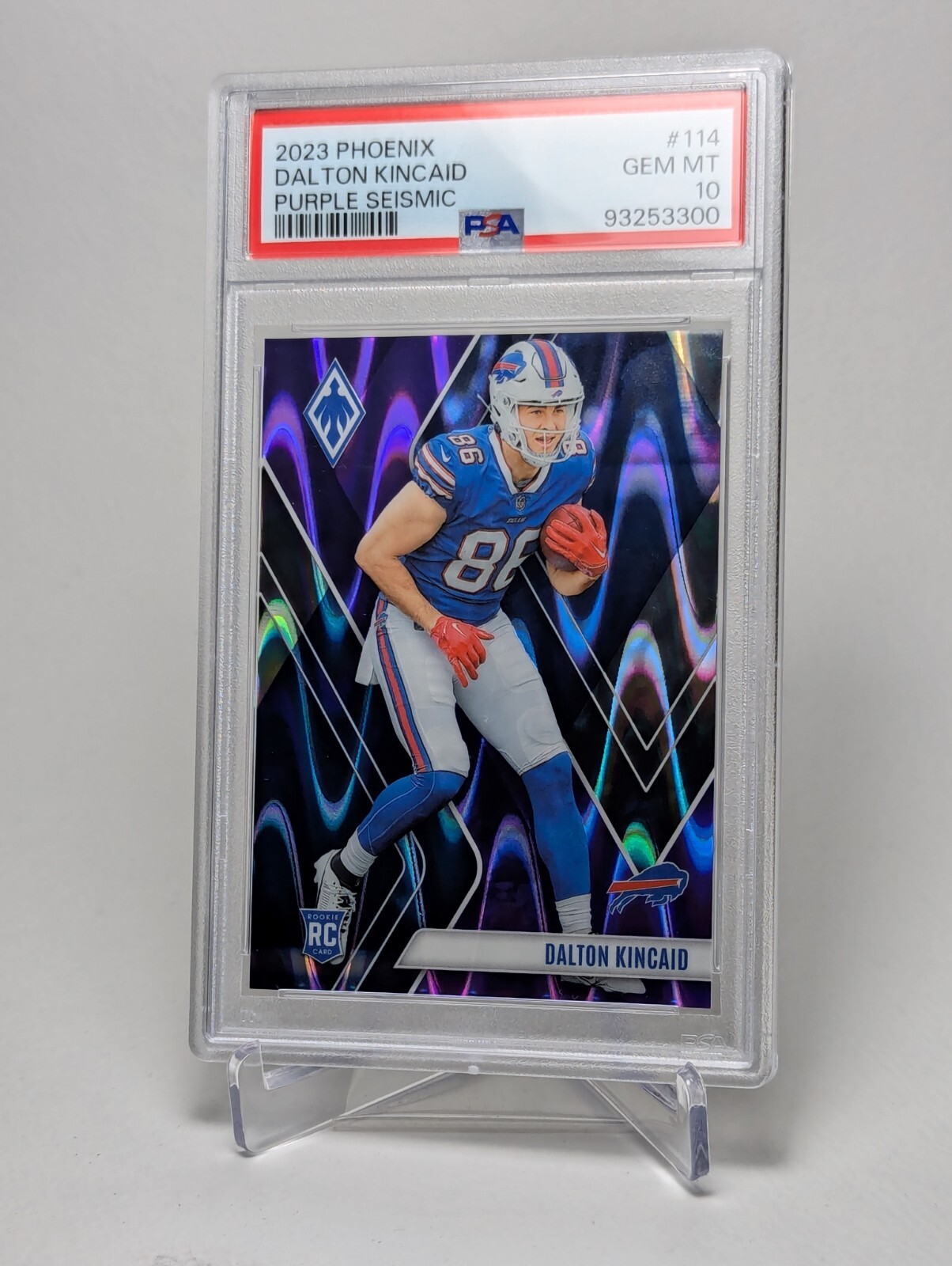 2023 Panini Phoenix Rookies Purple Seismic #114 Dalton Kincaid /125 (RC) PSA 10