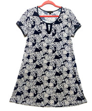 Espresso Dress shift flare textured Navy white floral short sleeve Sz L stretch