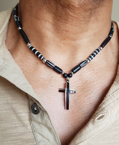 Mens black cross necklace,High Quality,leather,surfer,Stainless Steel, Handmade - Picture 6 of 6