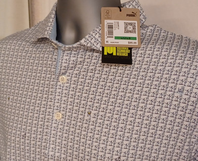 PUMA MATTR Pup Golf Polo Men's Large White Silver All over DOG print NEW