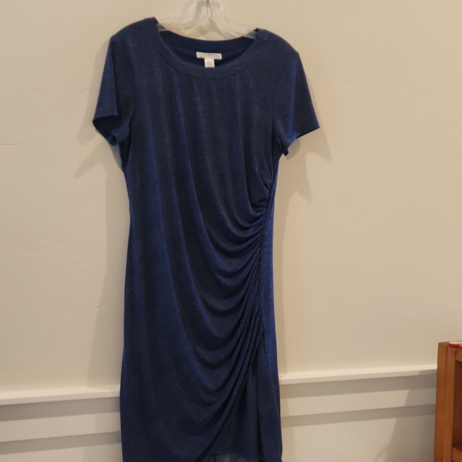 London Times Women's 12 Short Sleeve Blue Ruched Knit Sheath Dress