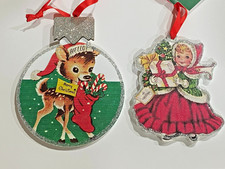 NEW PLACE TIME WOOD VINTAGE LOOK GIRL DEER ORNAMENTS SET OF TWO 2 FREE SHIP