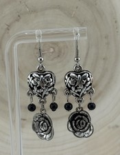 Antiqued Silver Tone Rose Flower Hoop Earrings 1 Inch Floral Dangle