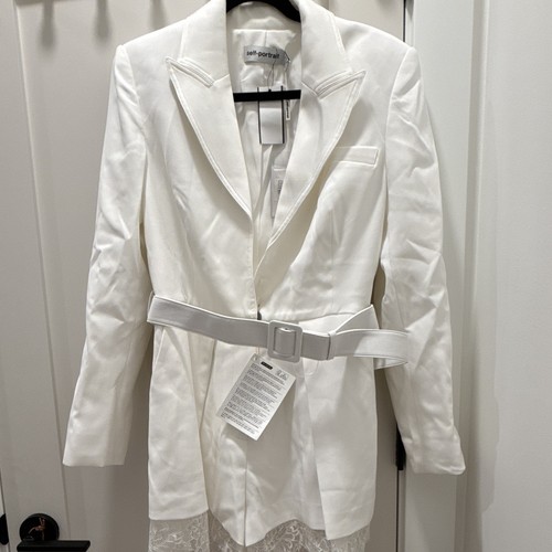 self-portrait White Tailored Belted Blazer w/ Button Lace Mid-Length 10 SP23