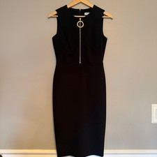 Calvin Klein Womens Black Sleeveless Sheath Dress Gold Ring Zip Front Size 4