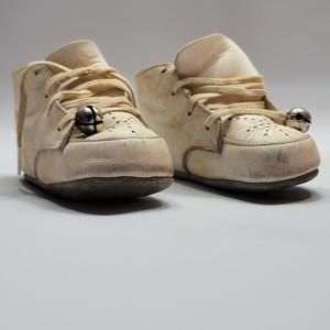 White Leather Baby Booties Pair Vented Toe Tiny Bell 4" Infant Vintage