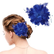 Blue Ladies Feather Flower Hair Clip Elegant Hat Flower Mesh Ribbons Brooch P...