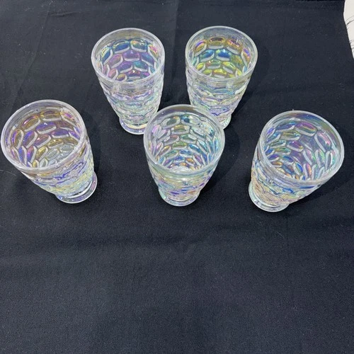 5 VTG Federal Glass Iridescent Thumbprint 4.75” Footed Tumblers