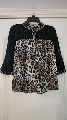 Charlotte Russe Women's Animal Print Blouse Lace Shoulders And Sleeves Size M