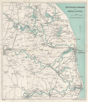 THE NORFOLK BROADS. Great Yarmouth Lowestoft Beccles Norwich. WARD LOCK 1946 Karte
