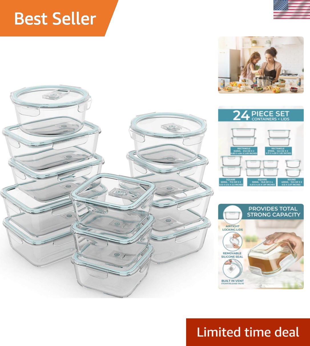 Elegant 24 Pc Airtight Glass Food Storage Containers - Perfect for Meal Prep