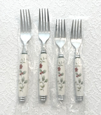 New ~ Pfaltzgraff WINTERBERRY Stainless (2) Dinner Forks & (2) Salad Forks